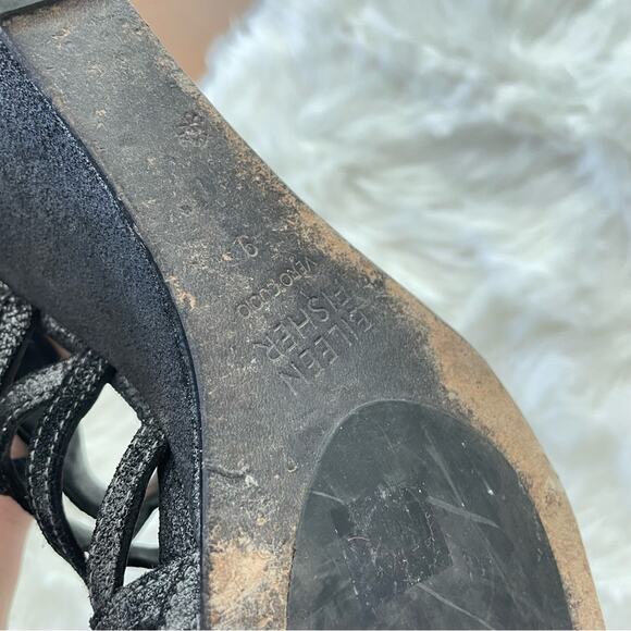 Eileen Fisher | Women’s Black Metallic Silver Fara Cage Open Toe Wedge Sandals 9 - Picture 6 of 9